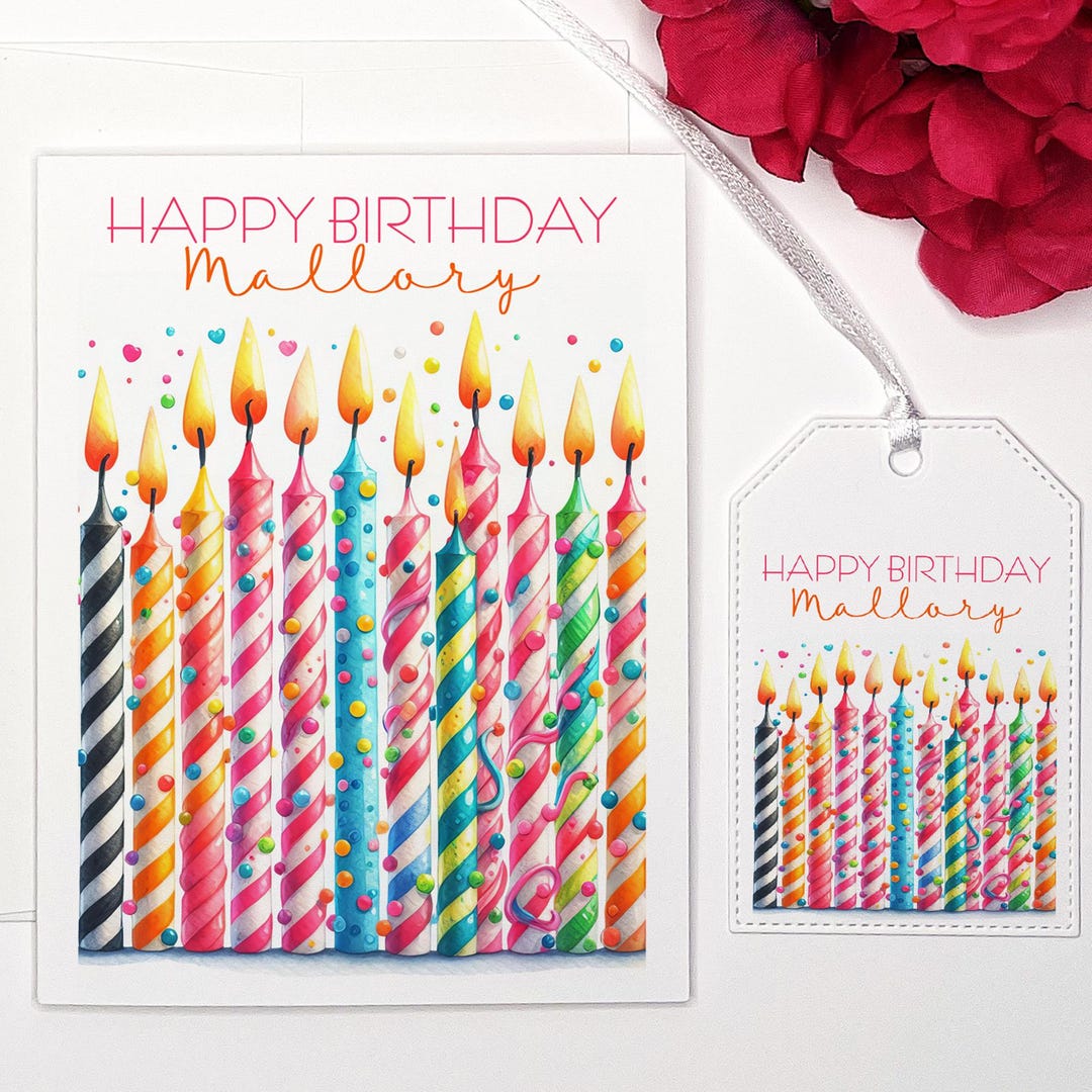 Personalized Birthday Card & Gift Tag: Colorful Candles - Etsy