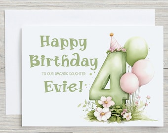 Tarjeta de recuerdo personalizada para el cuarto cumpleaños de tu hija.