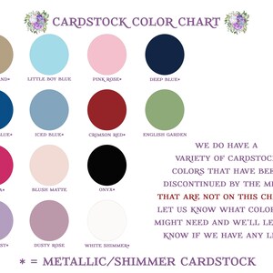 Pode incluir: Carta de cores de cart&atilde;o que mostra 12 cores diferentes. As cores s&atilde;o bege, azul, rosa, vermelho, verde, roxo e branco. A carta tamb&eacute;m inclui o texto "CARDSTOCK COLOR CHART" e "WE DO HAVE A VARIETY OF CARDSTOCK COLORS THAT HAVE BEEN DISCONTINUED BY THE MILLS THAT ARE NOT ON THIS CHART - LET US KNOW WHAT COLOR YOU MIGHT NEED AND WE'LL LET YOU KNOW IF WE HAVE ANY LEFT!" e "* = METALLIC/SHIMMER CARDSTOCK".