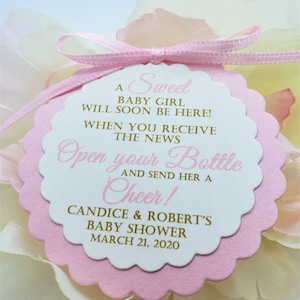 Mini Wine Bottle Baby Shower Favor Tag, Champagne Favor Tag, Baby Shower, Personalized Favor Tag, Pop The Top and Cheer, Favors for Girls