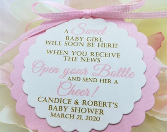 Mini Wine Bottle Baby Shower Favor Tag, Champagne Favor Tag, Baby Shower, Personalized Favor Tag, Pop The Top and Cheer, Favors for Girls