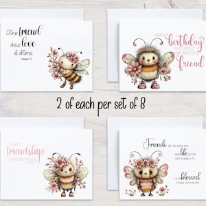 May include: Set of 8 greeting cards with bee illustrations and friendship quotes. Each card features a cute bee character with floral accents and a different message, such as "A true friend shows love" and "Happy birthday."