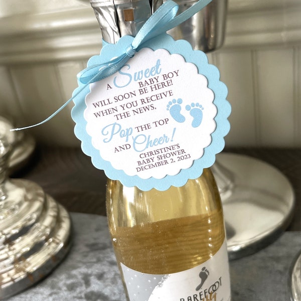 Mini Wine Bottle Baby Shower Favor Tag, Champagne Favor Tag, Baby Shower, Personalized Favor Tag, Pop the Top and Cheer, Table Favor