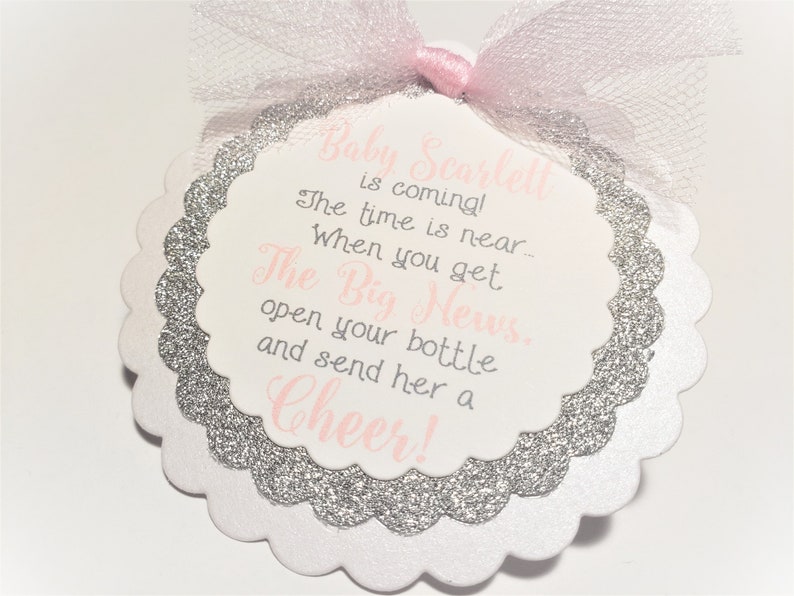 Custom Favor Tags Cheers Mini Wine Bottle Favor Tags Personalized Favor Tags Glam Favor Tags Pink and Silver Baby Shower Favors