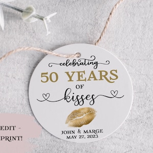 PRINTABLE 50th Anniversary Favor Tags, 50 Years of Kisses, Milestone Anniversary Tag, Candy Tag