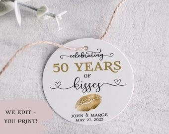 Etiquetas imprimibles para el 50.º aniversario, 50 años de besos, etiquetas para aniversarios importantes, etiquetas para dulces
