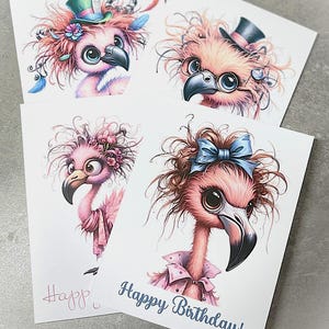 Pink Flamingo Birthday Cards, Gift for her, Stationery, Set of 4