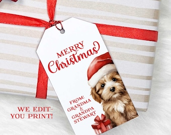 Etiquetas de regalo de Navidad IMPRIMIBLES, Feliz Navidad, Etiquetas de regalo personalizadas, Cachorro, Etiquetas de Navidad para niños, Etiquetas de Navidad lindas