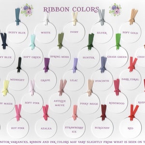 May include: A chart with 36 color swatches, each with a ribbon tied around it. The swatches are labeled with names like "Baby Blue", "Dusty Blue", "White", "Ivory", "Silver", "Soft Gold", "Royal Blue", "Navy Blue", "Soft Green", "Spring Moss", "Hunter", "Grass Green", "Chocolate", "DK Brown", "Midnight", "Grape", "Lilac", "Hyacinth", "Dark Coral", "Peach", "Baby Maize", "Soft Pink", "Antique Mauve", "Pinky Beige", "Rosewood", "Raspberry", "Rose", "Hot Pink", "Azalea", "Strawberry Ice", "Burgundy", "Red", and "No Ribbon No Hole Punch".