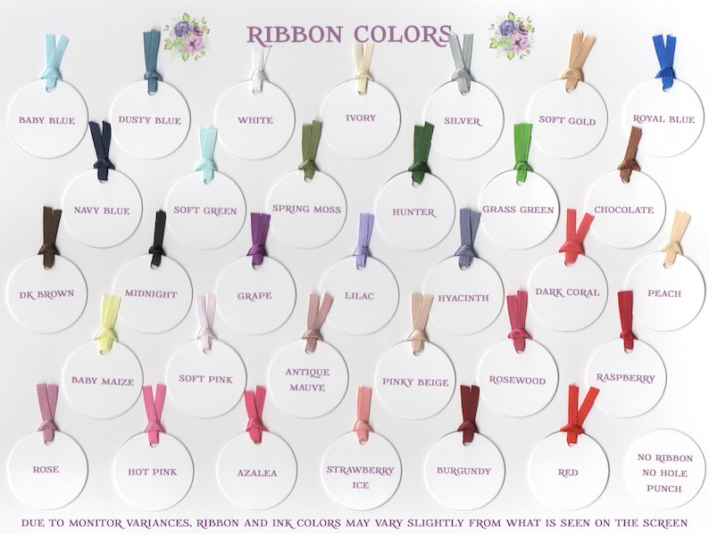 May include: A chart with 36 color swatches, each with a ribbon tied around it. The swatches are labeled with names like "Baby Blue", "Dusty Blue", "White", "Ivory", "Silver", "Soft Gold", "Royal Blue", "Navy Blue", "Soft Green", "Spring Moss", "Hunter", "Grass Green", "Chocolate", "DK Brown", "Midnight", "Grape", "Lilac", "Hyacinth", "Dark Coral", "Peach", "Baby Maize", "Soft Pink", "Antique Mauve", "Pinky Beige", "Rosewood", "Raspberry", "Rose", "Hot Pink", "Azalea", "Strawberry Ice", "Burgundy", "Red", and "No Ribbon No Hole Punch".