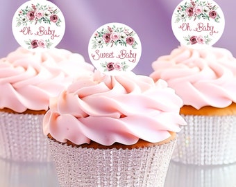 1 Dozen Floral Baby Shower Cupcake Toppers, Oh Baby, Sweet Baby, Dessert Buffet