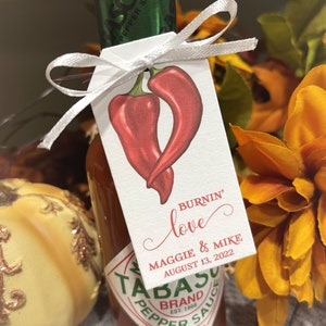Hot Sauce Wedding Favor Tag, Our Love is Spicy, Love and Hot Sauce, Salsa Favor Tag, Chili Pepper Tags, Salsa Bar Tags, Personalized