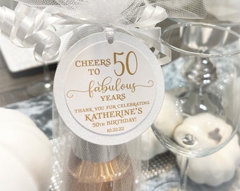 Custom Mini Wine Bottle Favor Tags, Champagne Favor Tags, 40th, 50th, 60th, 50 and Fabulous, Birthday Decoration, Milestone Birthday