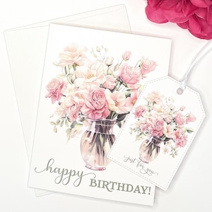 Floral Birthday Card, Pink Roses Card, Birthday Roses, Birthday Gift for Mom, for Friend, for Sister, for Daughter, with matching gift tag