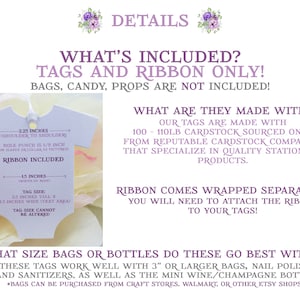 May include: A white baby onesie tag with purple text that reads "2.25 inches (shoulder to shoulder)" and "RIBBON INCLUDED". The tag is 2.5 inches tall and 1.5 inches wide. The text also says "TAG SIZE CANNOT BE ALTERED".