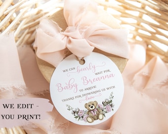 Etichette per bomboniere baby shower a forma di orsetto stampabili, "Non vediamo l'ora", bomboniere per bambine