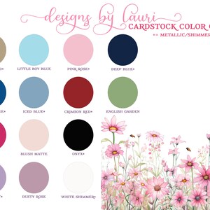 May include: Color chart showing 12 different cardstock colors. The colors are: Beige Sand, Little Boy Blue, Pink Rose, Deep Blue, Classic Blue, Iced Blue, Crimson Red, English Garden, Azalea, Blush Matte, Onyx, Amethyst, Dusty Rose, and White Shimmer.
