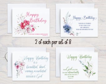 Tarjetas de cumpleaños variadas con motivos florales de acuarela, basadas en la fe (juego de 8)