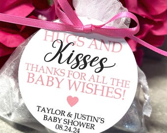 ¡Abrazos y besos! Gracias por los buenos deseos para el bebé. Etiquetas de agradecimiento para el baby shower.