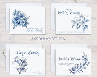 Tarjetas de cumpleaños con texto bíblico y flores azules (juego de 12)