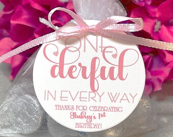 ONEderful 1st Birthday Favor Tags: Pink Ribbon, White Matte