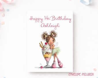 Tarjeta de cumpleaños personalizada para adolescente: Chica a la moda con helado