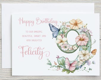 Tarjeta de cumpleaños personalizada para hija de 9 años con diseño floral.