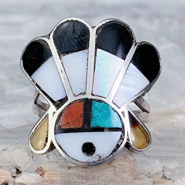 Vintage Zuni Inlay Sterling Silver Sunface Ring, Size 7.75