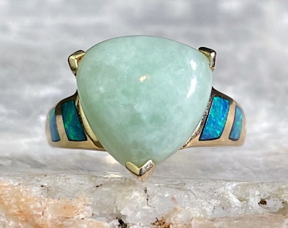 Unique 14k Yellow Gold Jadeite & Opal Inlay Ring,… - image 3