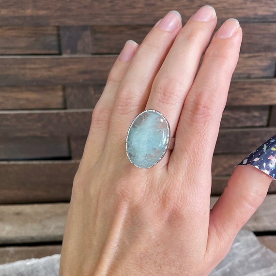 Huge Natural Aquamarine Sterling Silver Ring, Siz… - image 3