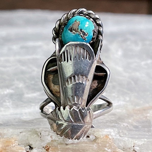 Vintage Navajo Squash Blossom Sterling Silver Turquoise Ring, Size 4.5