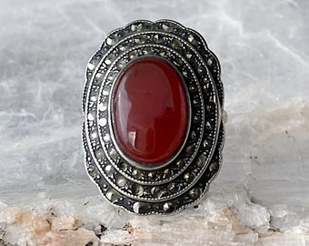 Antique Sterling Silver Carnelian Marcasite Ring by Uncas, Size 6.5