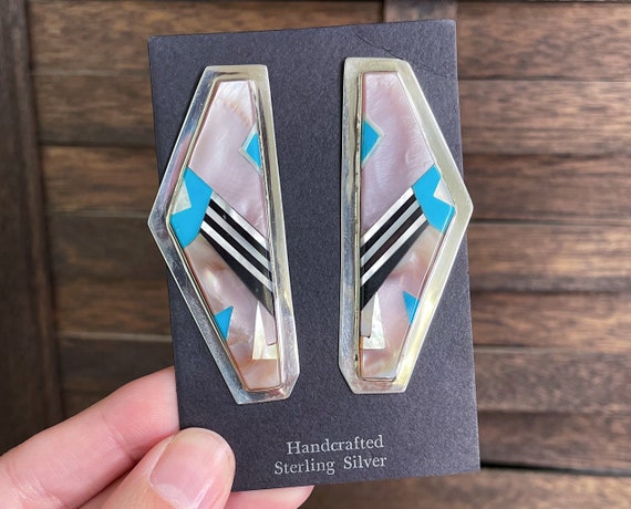 Deadstock 90's Sterling Silver Geometric Inlay St… - image 1