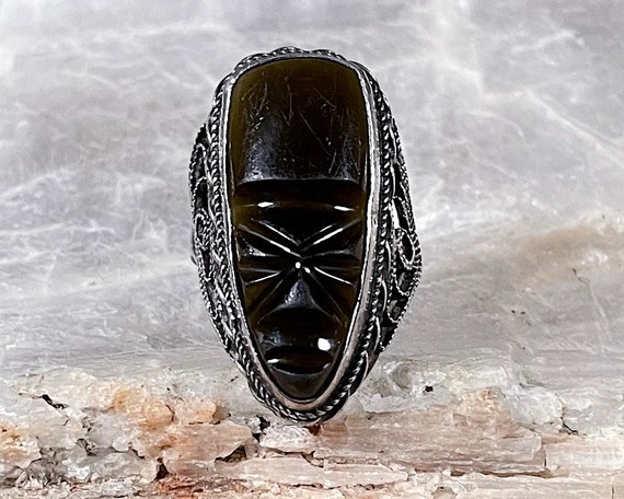 1930's Mexican Sterling Silver Obsidian Warrior R… - image 3