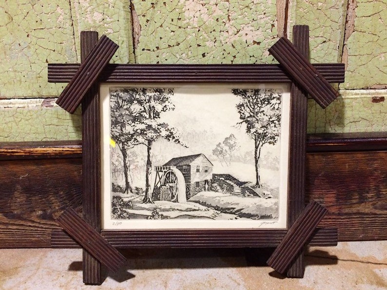 Antique Water Mill Etching In Eastlake Wood Frame Arts And Image 0