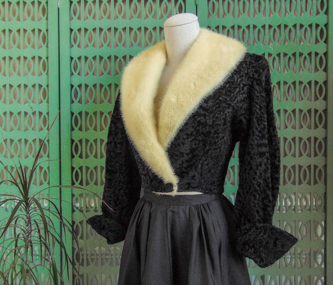Vintage Black Curly Lambswool Coat with a White Mink Collar Etsy