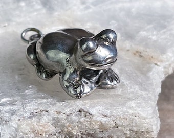 Sterling Silver Puffy Frog Necklace Pendant, Vintage Wax Cast Jewelry