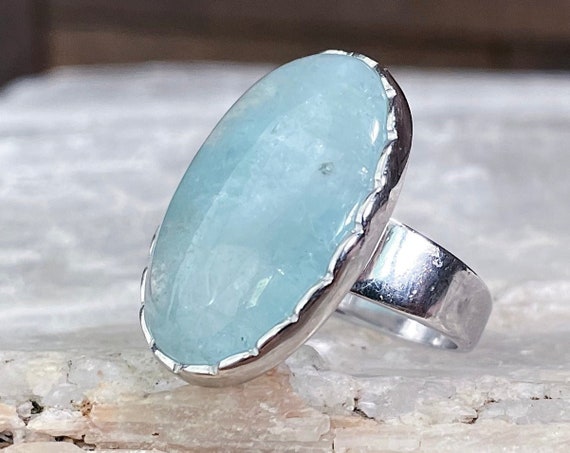 Huge Natural Aquamarine Sterling Silver Ring, Siz… - image 1