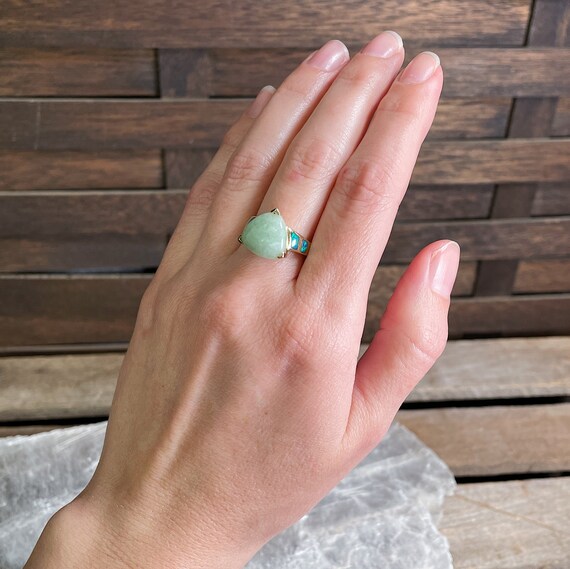 Unique 14k Yellow Gold Jadeite & Opal Inlay Ring,… - image 2