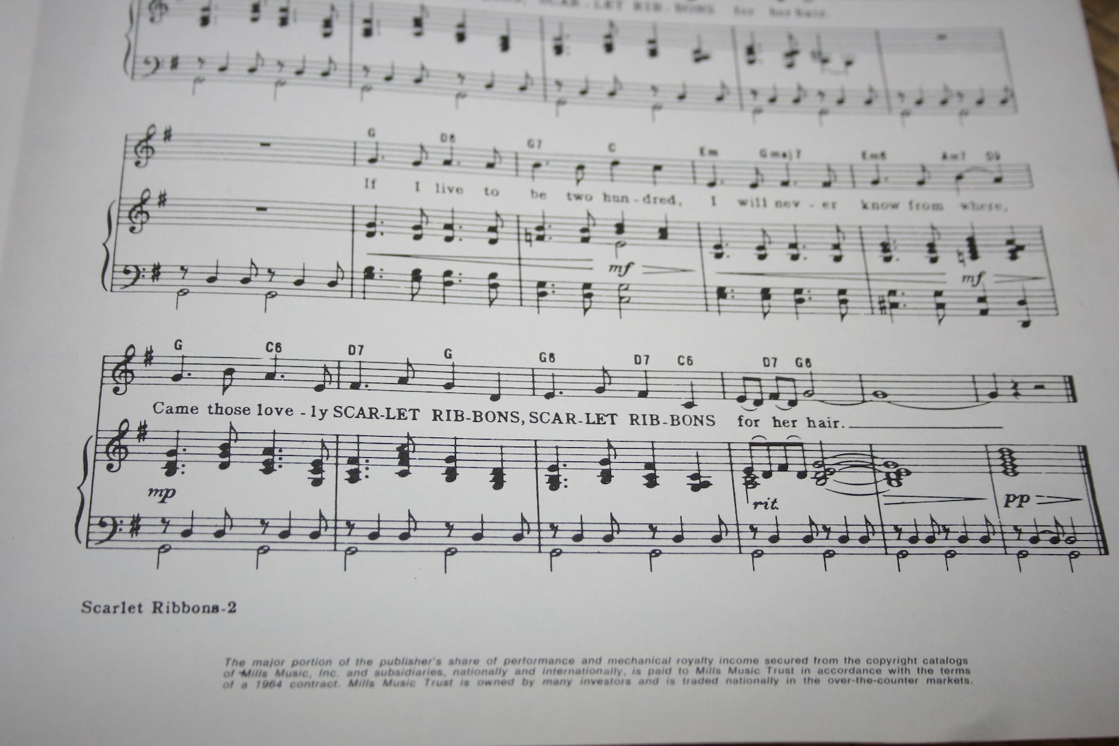 Scarlet Ribbons For Her Hair Piano Sheet Music Lyrics by Etsy