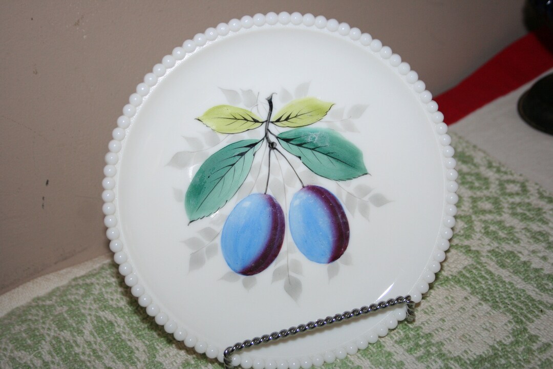 Westmoreland Milk Glass Salad Plate Hand Painted Plums Etsy