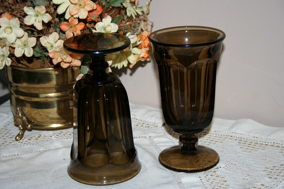 Imperial Old Williamsburg Stemmed Iced Tea Glasses, Pair of Brown Water