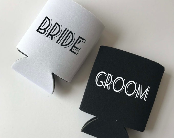 Bride and Groom - Personalized can coolers - art deco - engagement party gift - set of 2