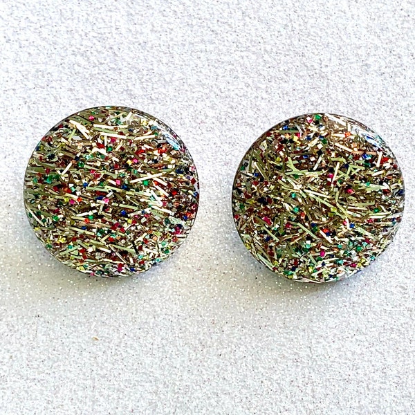 Mid-Century Button Earrings Confetti Lucite Clip-On Vintage Silver Multi-Color