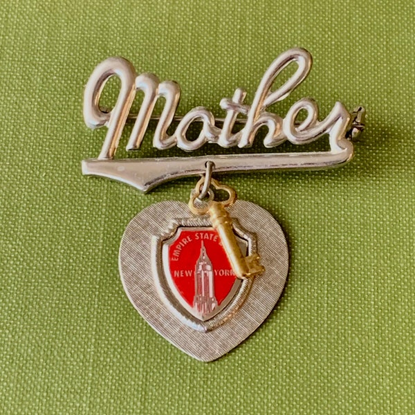 Mother Pin Brooch Empire State Building NY Heart Key Dangle Charm 1950s 40s Souvenir NYC Mid-Century Mother's Day Gift