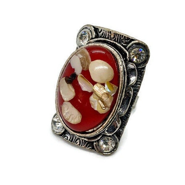 Vintage Ring Lucite Shell Rhinestones Red White Large Adjustable 1970s Mid-Century Statement