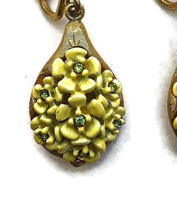 Yellow Flower Earrings Enamel Rhinestones Dangle … - image 2