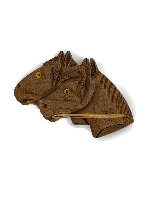 Vintage Horse Brooch Wood 1950s 1940s Pin Two Horses … Gem