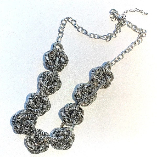 Silver Knot Necklace Statement 1980s 1970s Runway Large Chunky Snake Pewter Color