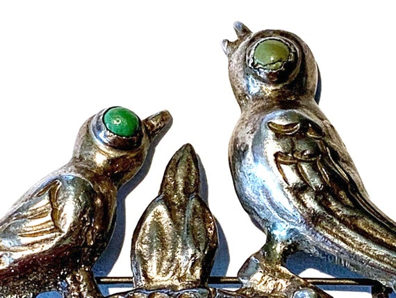 Vintage Mexican Silver Birds Brooch Pin Bird Gree… - image 2